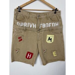 ROMWE Double Waistband Denim Shorts Mens 36 Tan Streetwear Patches
